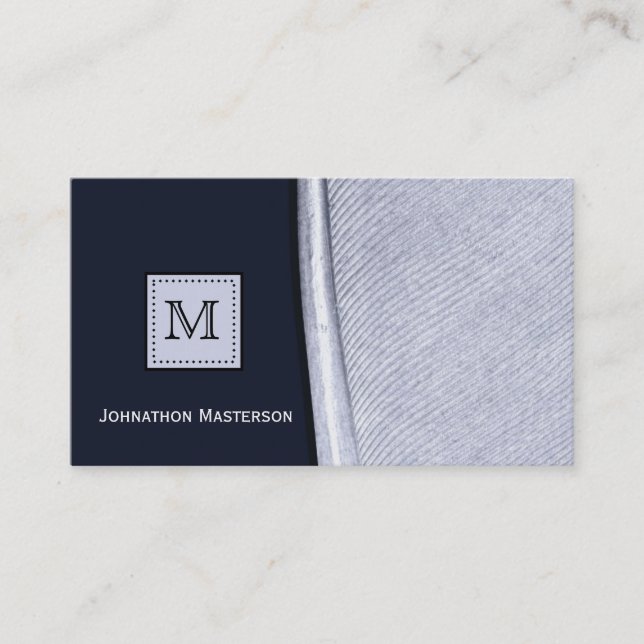 Sophisticated Navy and Silver Feather Monogram Business Card (Front)