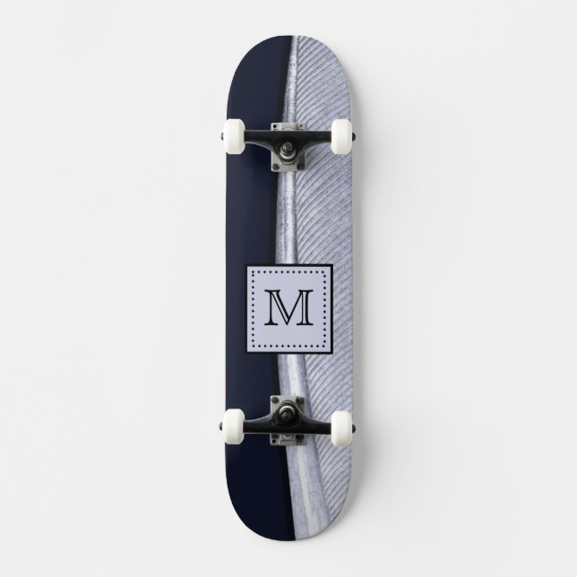 Sophisticated Navy and Silver Feather Monogram Skateboard (Front)