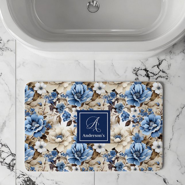 Sophisticated Navy Blue Flowers Personalized Bath  Mat (Sophisticated Navy Blue Flowers Personalized Bath Mat)