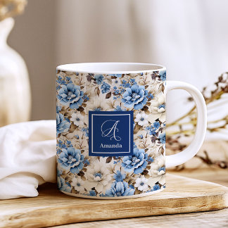 Sophisticated Navy Blue Flowers Personalized   Coffee Mug