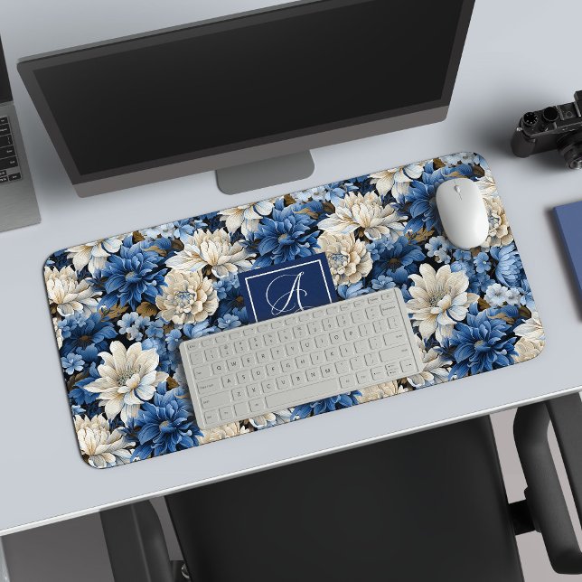 Sophisticated Navy Blue Flowers Personalized Desk  Mat (Sophisticated Navy Blue Flowers Personalized Desk Mat)