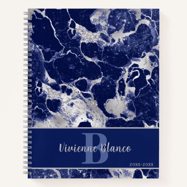 Sophisticated Navy Blue Marble Silver Agate Notebook (Front)