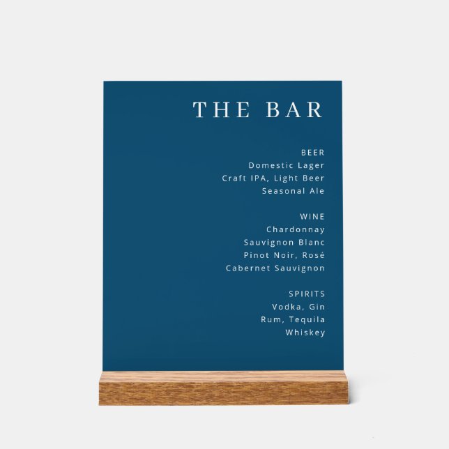 Sophisticated Navy Blue Minimalist Bar Menu Acrylic Sign (Front)