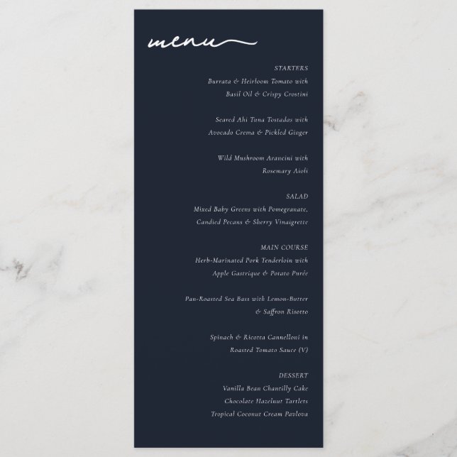 Sophisticated Navy Blue Minimalist Wedding Menu (Front)