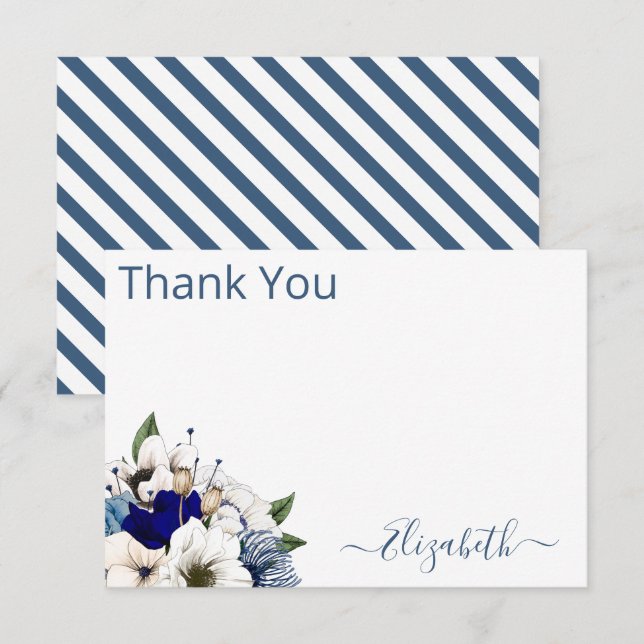 Sophisticated Navy Dusty Blue Floral Personalized Thank You Card (Front/Back)