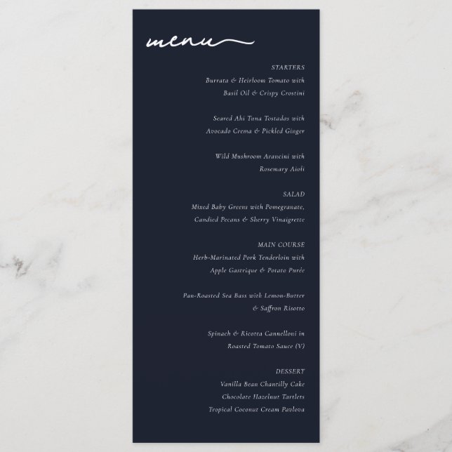 Sophisticated Navy Minimalist Menu (Front)