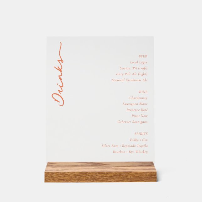 Sophisticated Orange Serif Wedding Menu Acrylic Sign (Front)