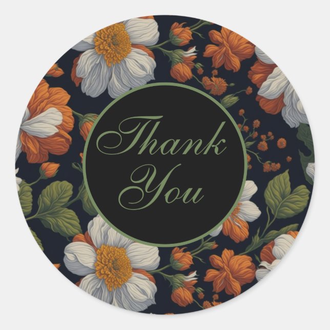 Sophisticated Orange white elegant retro flowers Classic Round Sticker (Front)