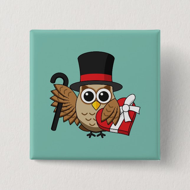 Sophisticated Owl with Heart Chocolate Box 2 Inch Square Button (Front)