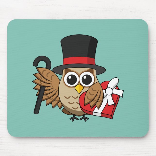 Sophisticated Owl with Heart Chocolate Box Mouse Pad (Front)