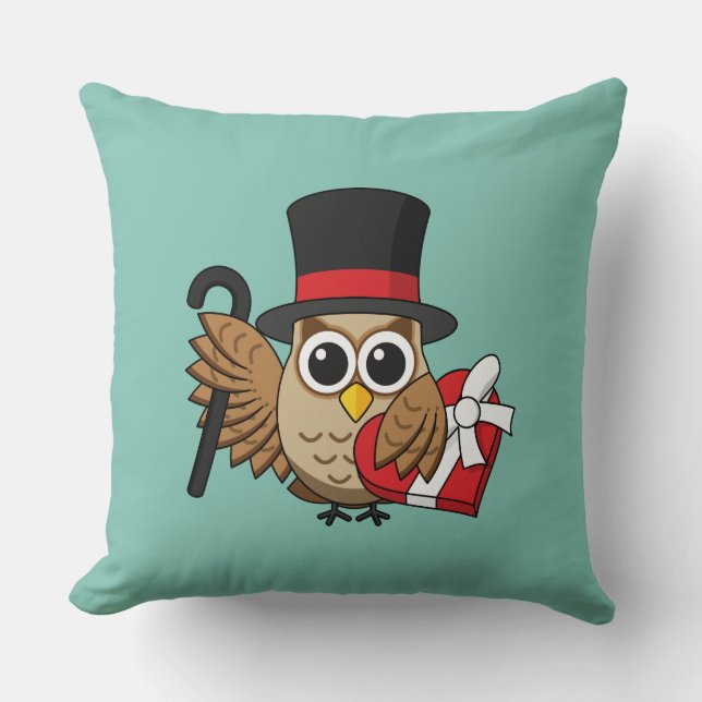Sophisticated Owl with Heart Chocolate Box Throw Pillow (Front)