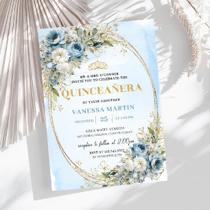 Sophisticated Pastel Blue Gold Eucalyptus Quince Invitation