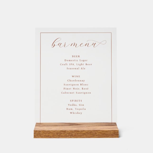 Sophisticated Peach Minimalist Bar Menu Acrylic Sign (Front)