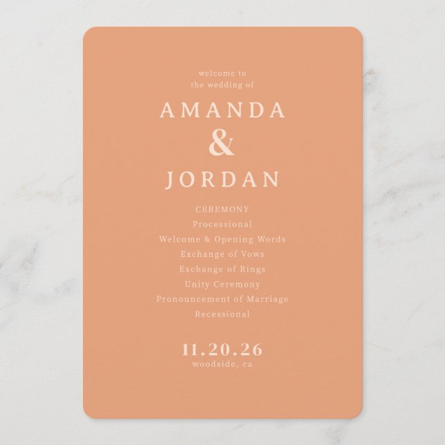 Sophisticated Peach Minimalist Wedding Ceremony Sc Program (Front)