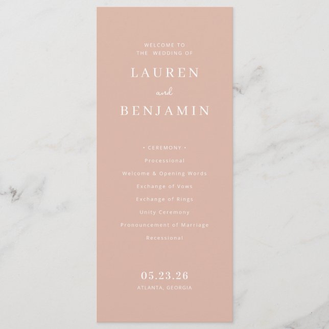 Sophisticated Peach Minimalist Wedding Schedule Program (Front)