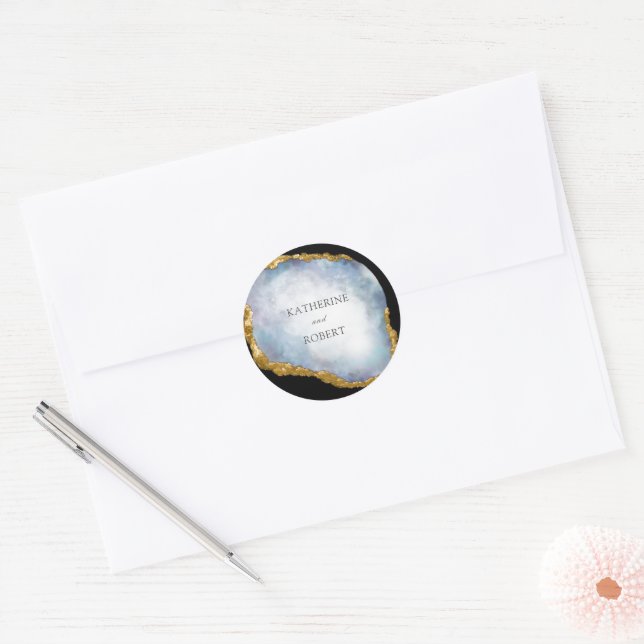 Sophisticated Pearl Golden Agate Monogram Wedding Classic Round Sticker (Envelope)