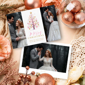 Sophisticated Pink First Christmas Wedding Tree Holiday Card