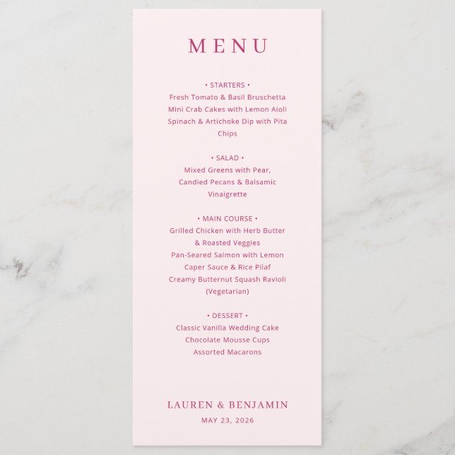 Sophisticated Pink Serif Wedding Menu (Front)
