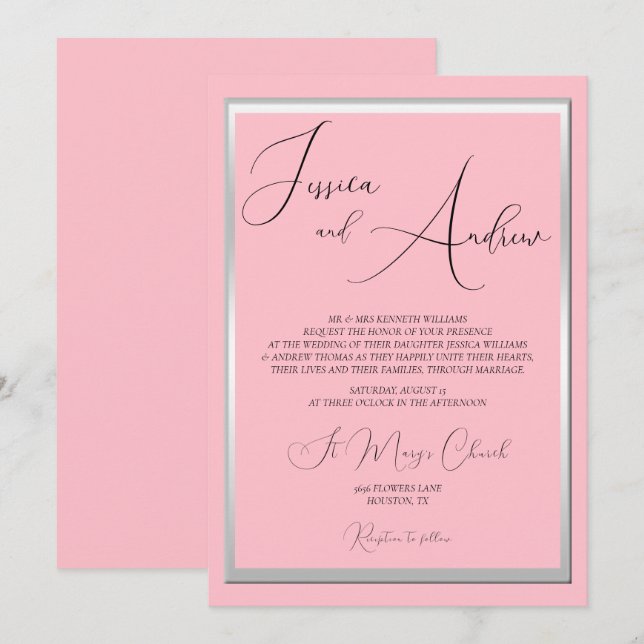 Sophisticated Pink & Silver Wedding Invitation (Front/Back)