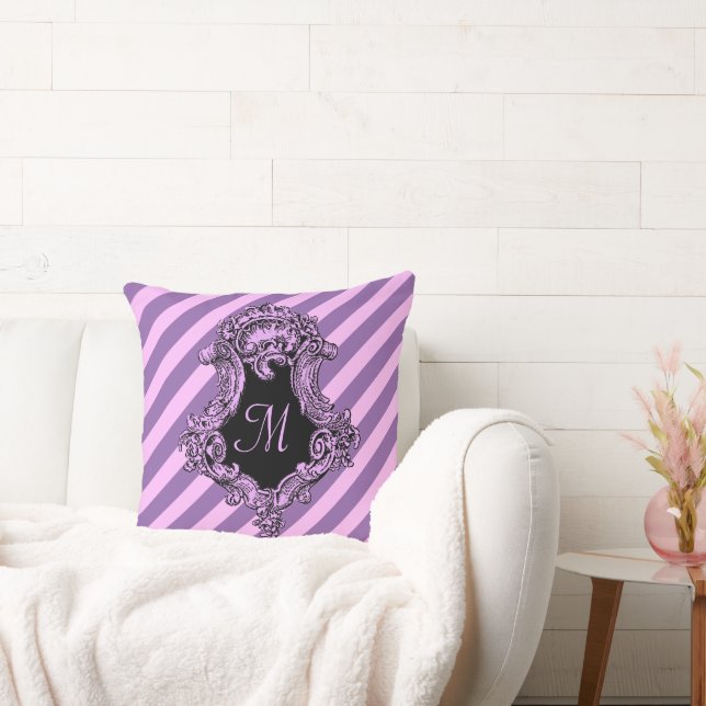 Sophisticated Pink Stripe Monogrammed Throw Pillow (Couch)