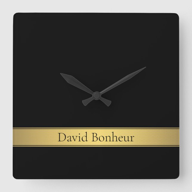 Sophisticated Presentation | Faux Gold & Black Square Wall Clock (Front)