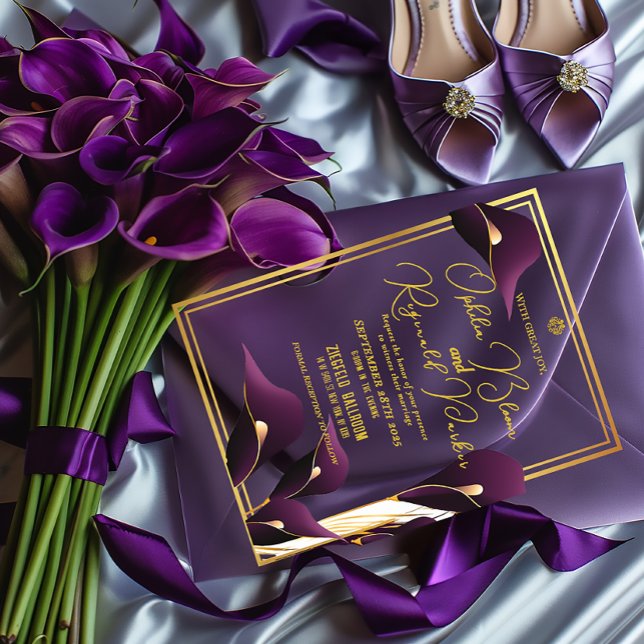 Sophisticated Purple Calla Lily Wedding  Acrylic Invitations (Sophisticated Purple and Gold Calla Lily Acrylic Wedding Invitations/ In clear or frosted )