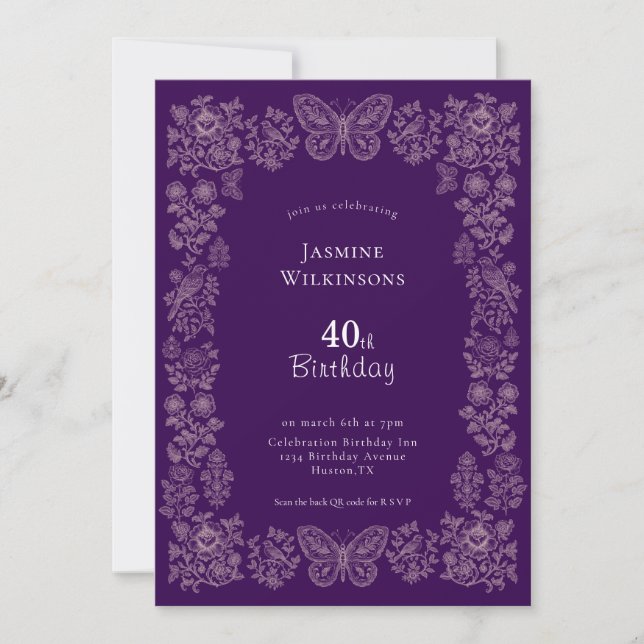 Sophisticated Purple Floral Birds 40th Birthday QR Invitation (Front)