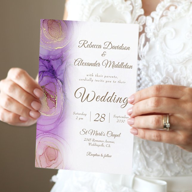 Sophisticated Purple Gold Floral Wedding  Invitation (Creator Uploaded)