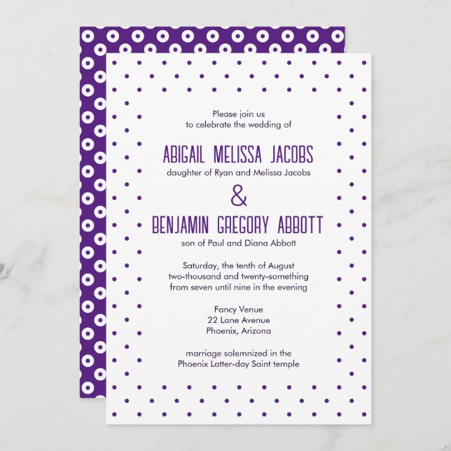 Sophisticated Purple & White Polka-Dot Reception Invitation (Front/Back)