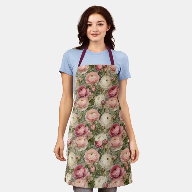 Sophisticated Ranunculus Floral Print Apron (Worn)
