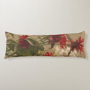 Sophisticated Red & Burgundy Floral Against Beige Body Pillow