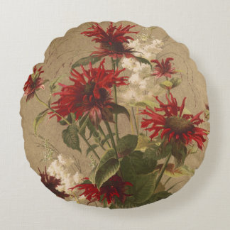 Sophisticated Red & Burgundy Floral Against Beige Round Pillow