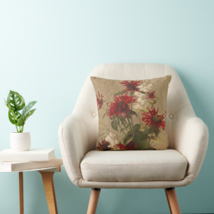 Sophisticated Red & Burgundy Floral Against Beige Throw Pillow