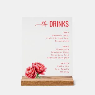 Sophisticated Red Floral Beverage Menu Acrylic Sign