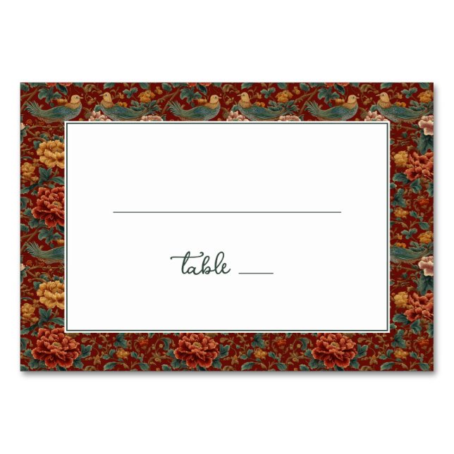 Sophisticated Red Floral Bird Border Table Number (Front)
