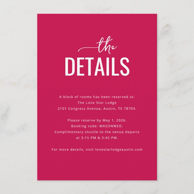 Sophisticated Red Wedding Details Card (Front)