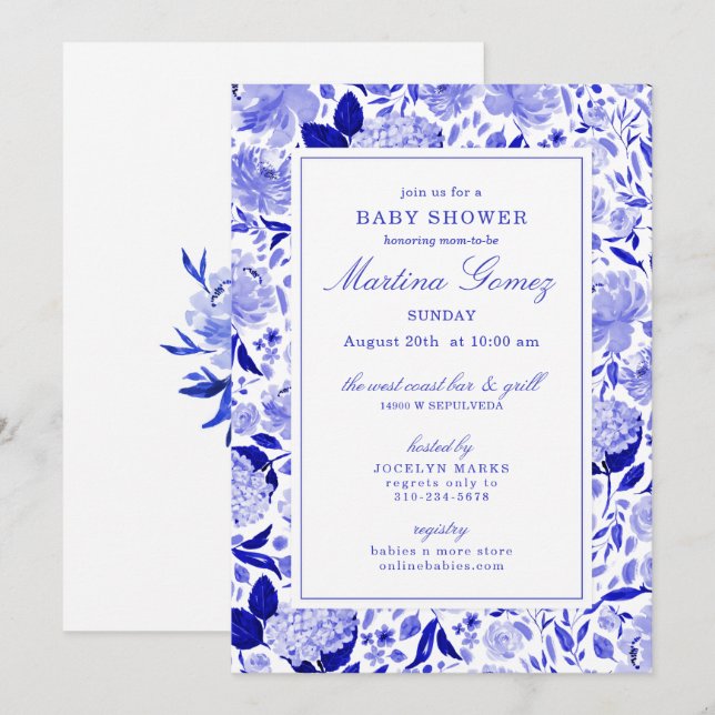 Sophisticated Royal Blue Floral Baby Shower Invitation (Front/Back)