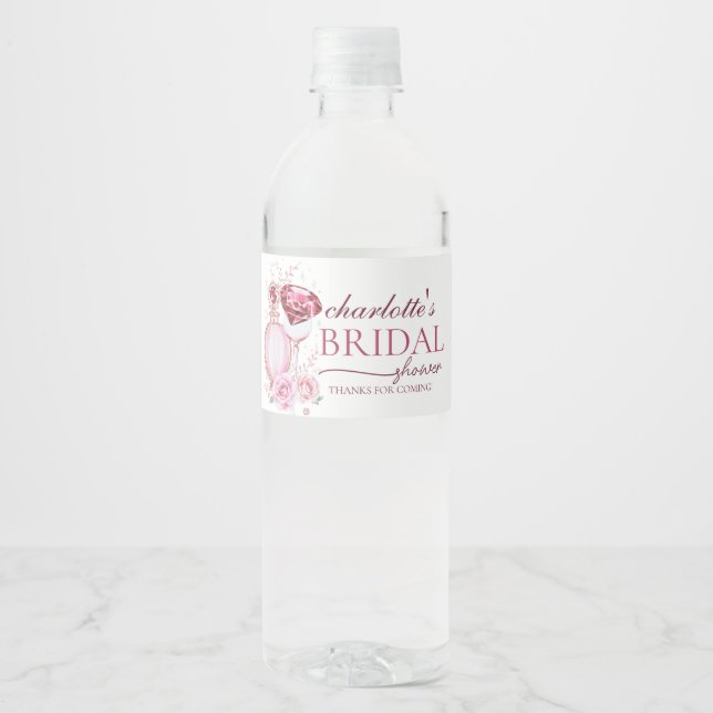 Sophisticated Rubies and Rose Bridal Shower  Water Bottle Label (Front)
