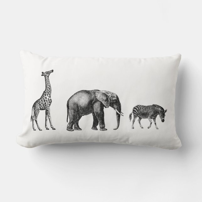 Sophisticated Safari, Giraffe, Elephant, Zebra Lumbar Pillow (Front)