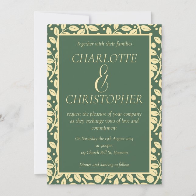 Sophisticated Sage Green Cream Leaf Pattern Invitation (Front)