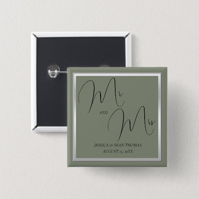 Sophisticated Sage & Silver Wedding 2 Inch Square Button (Front & Back)