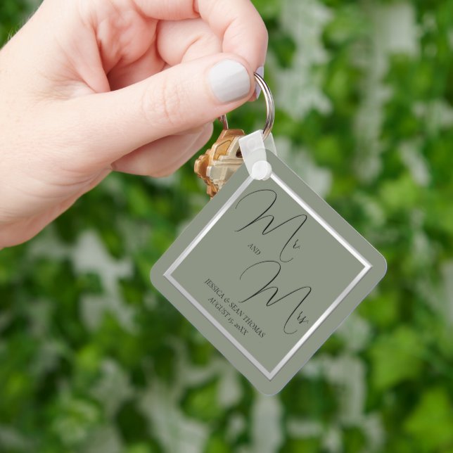 Sophisticated Sage & Silver Wedding Keychain (Hand)