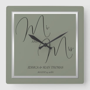 Sophisticated Sage & Silver Wedding Square Wall Clock