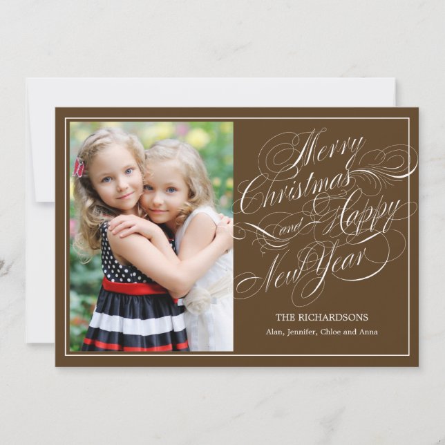 Sophisticated Script Christmas Photo Card - Brown (Front)