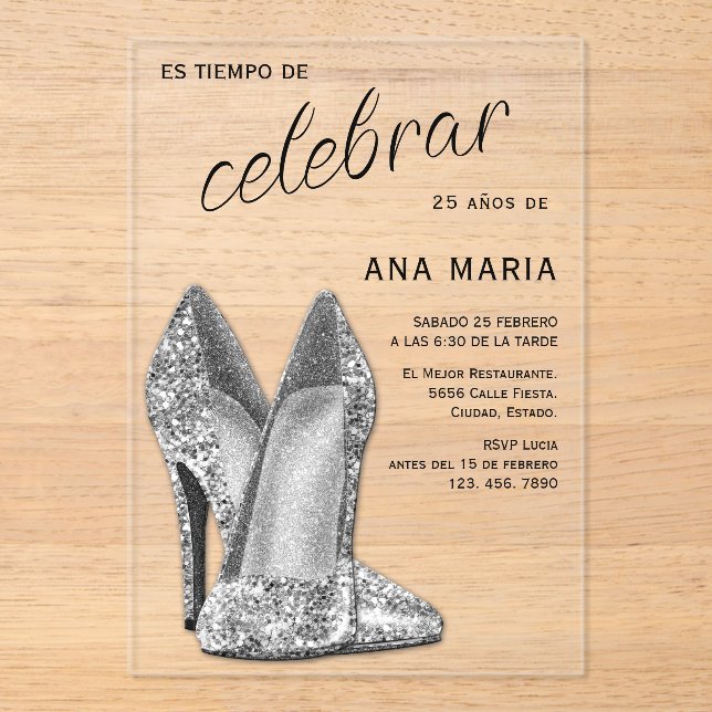 Sophisticated Silver Spanish Feminine Birthday  Acrylic Invitations (Front)