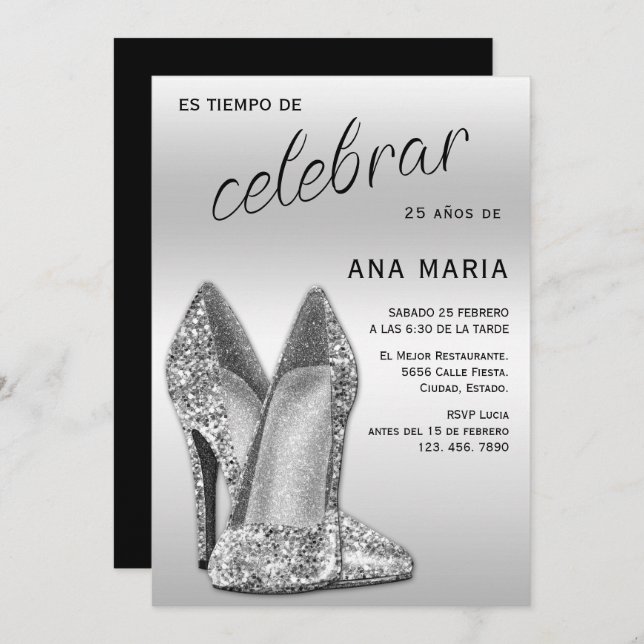 Sophisticated Silver Spanish Feminine Birthday  Invitation (Front/Back)