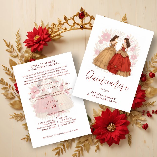 Sophisticated Spanish Red & Gold Quinceañera Twins Invitation (Sophisticated Spanish Red & Gold Quinceañera Twins Invitations Cards.)