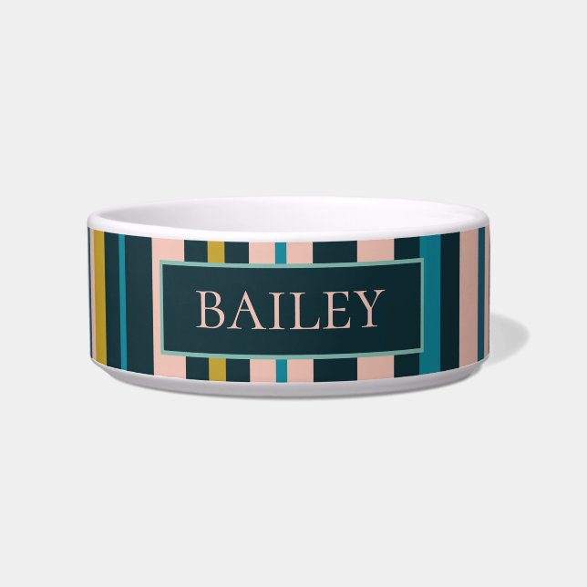 Sophisticated Stripes Personalized Blue Blush Dog Bowl (Front)