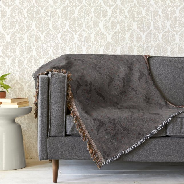 Sophisticated Taupe Scandi-Modern Winter Botanical Throw Blanket (Cosy Interior with this Elegant Beige Modern Botanical Hydrangea Ogee Wallpaper)