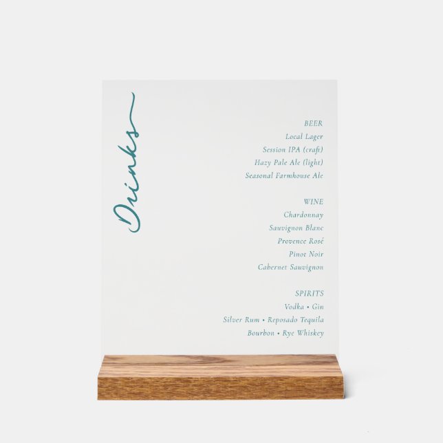 Sophisticated Teal Minimalist Beverage Menu Acrylic Sign (Front)
